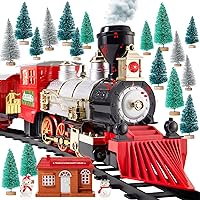 JOYIN Christmas Train Set with Real Smoke, Battery Operated Electric Train Set Including Steam Locomotive Engine, Passenger Car, Gift Car, 2 Xmas Elves, One Santa Claus and More