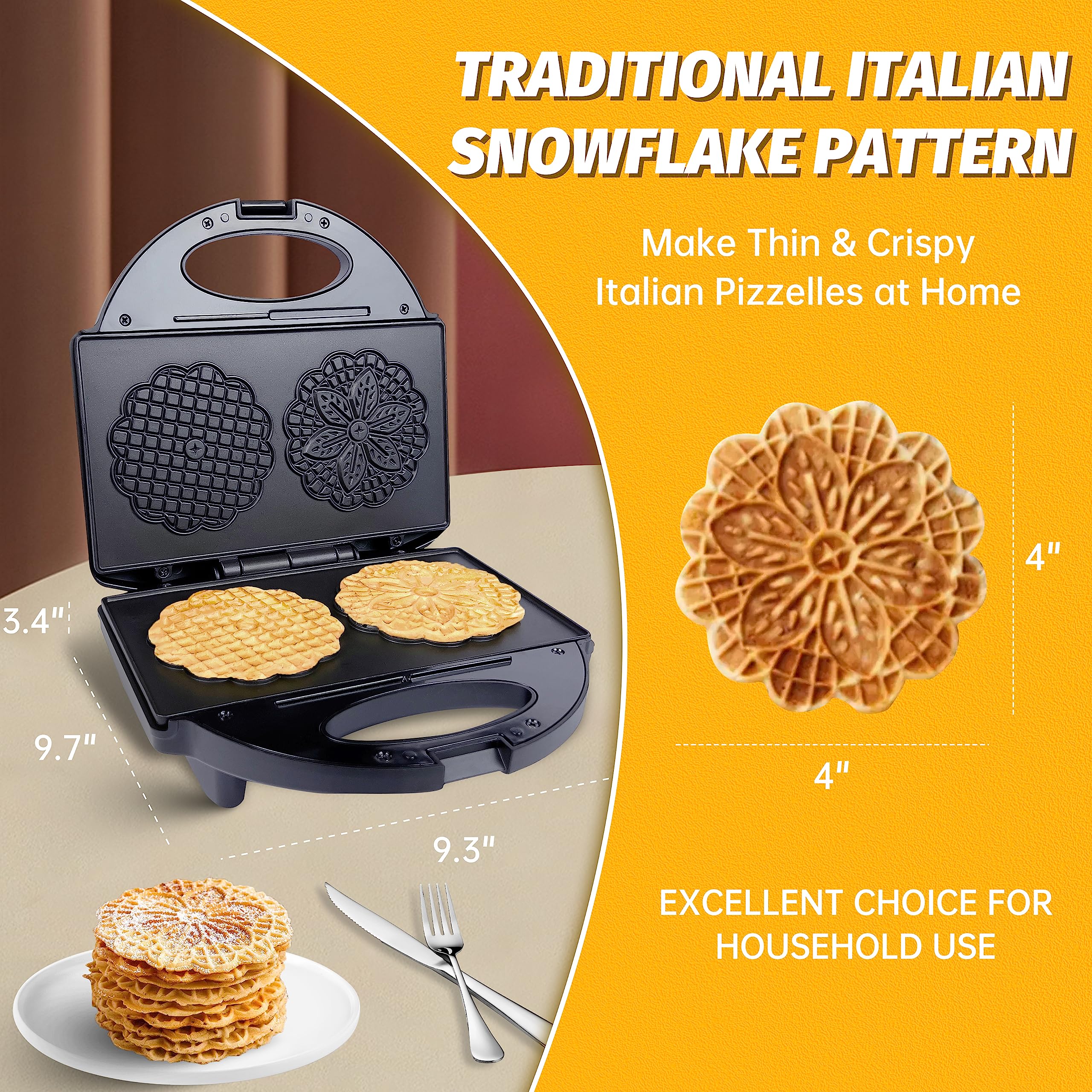 FineMade Pizzelle Maker with Non-Stick Coating, Electric Pizzelle Cookie Baker Press with Snowflake Pattern, Make Two 4 Inch Traditional Italian Waffle Cookies at Once, Recipe Included