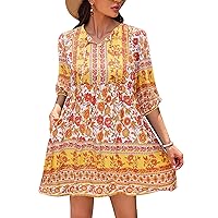 Chigant Women's Summer Boho Dress with Pockets Casual Loose Vintage Floral Swing 3/4 Sleeve V Neck Tunic Dresses