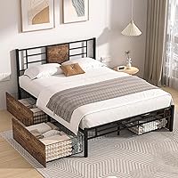 Full Size Bed Frame with 4 Large Drawers, Heavy-Duty Platform with Wood Headboard, Strong Metal Slats Support, No Box Spring Needed/Easy Assembly, Matte Black & Brown