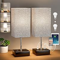 3-Color Temperature Table Lamps for Bedrooms Set of 2, Small Bedside Lamp with USB Port and AC Outlet, Nightstand Lamps with Grey Shade, Black Metal Bed Lamp, Desk Lamps for Reading (Bulb Included)