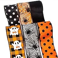 Ribbli Halloween Ribbon Wired,6 Rolls Orange and Black Halloween Ribbon 2.5 Inch Total 90 Feets(30 Yards), Ghost/Spider/Polka Dot/Black Velvet Ribbon for Crafts,Wreaths,Party Decoration