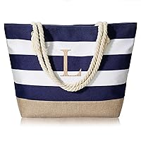 Initial Canvas Waterproof Beach Tote Bag Zipper Personalized Gifts for Women Her Birthday Travel Beach Essential