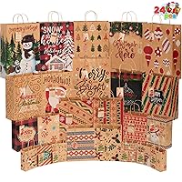 JOYIN 24 PCS Christmas Kraft Paper Gift Bags Assorted Sizes Set with Handle and Name Card Tags for Wrapping Xmas Holiday Presents Goody, Party Favor Supplies