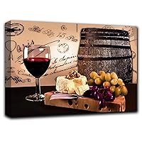 Red Wine Glass Wall Art Decor Picture Painting Poster Print on Canvas Panels Pieces - Kitchen Theme Wall Decoration Set - Cheese Grapes Wall Picture for Dining Room 20 by 30 in