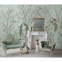 Murwall Peacock Wallpaper Soft Chinoiserie Wall Mural Chinese Birds and Watercolor Floral Wallpaper (STYLE2)