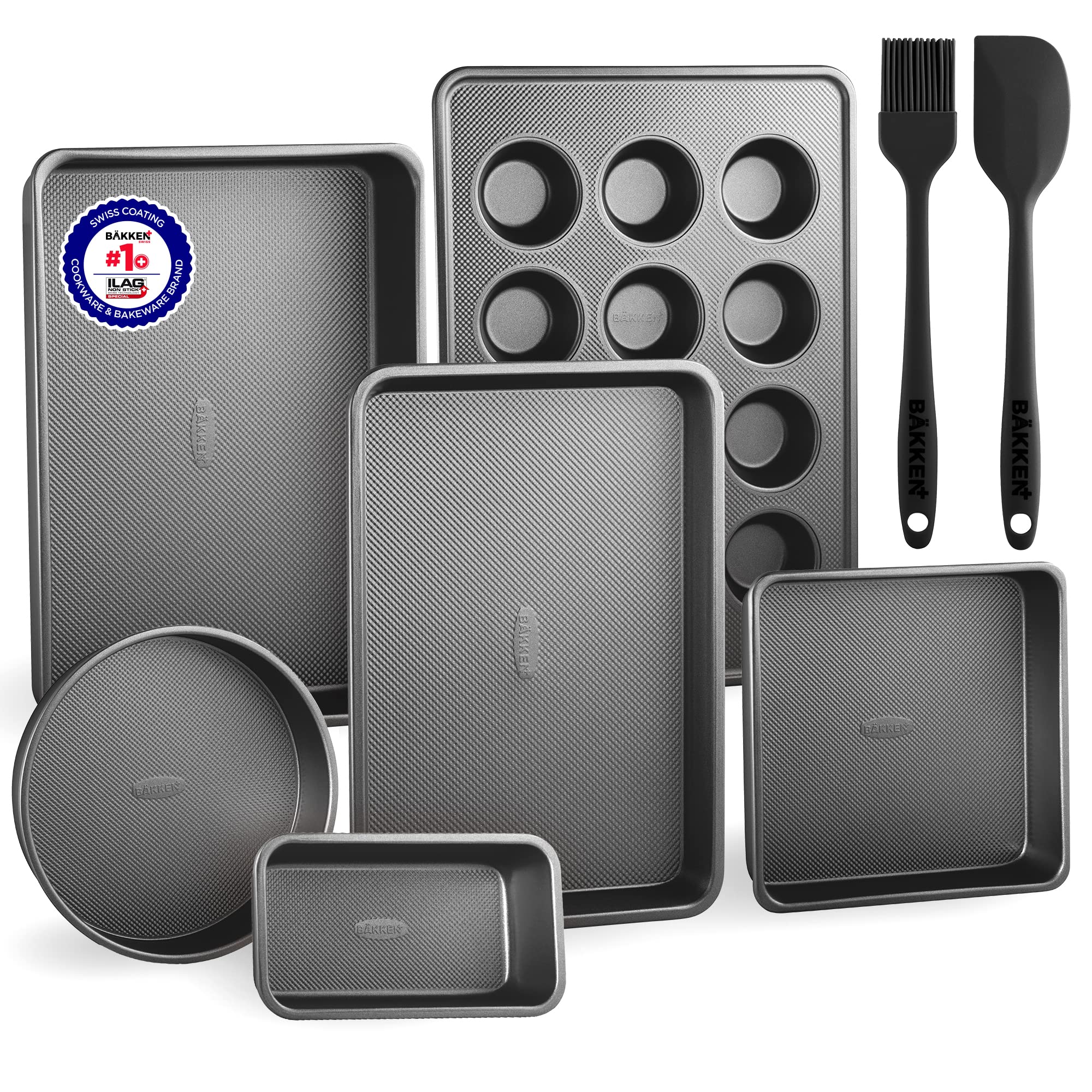 Bakeware Set – 8 Piece – Non-Stick Professional Home Bakeware – Multi Sized Baking Pan Set - Muffin Pan, Loaf Pan and More – Black