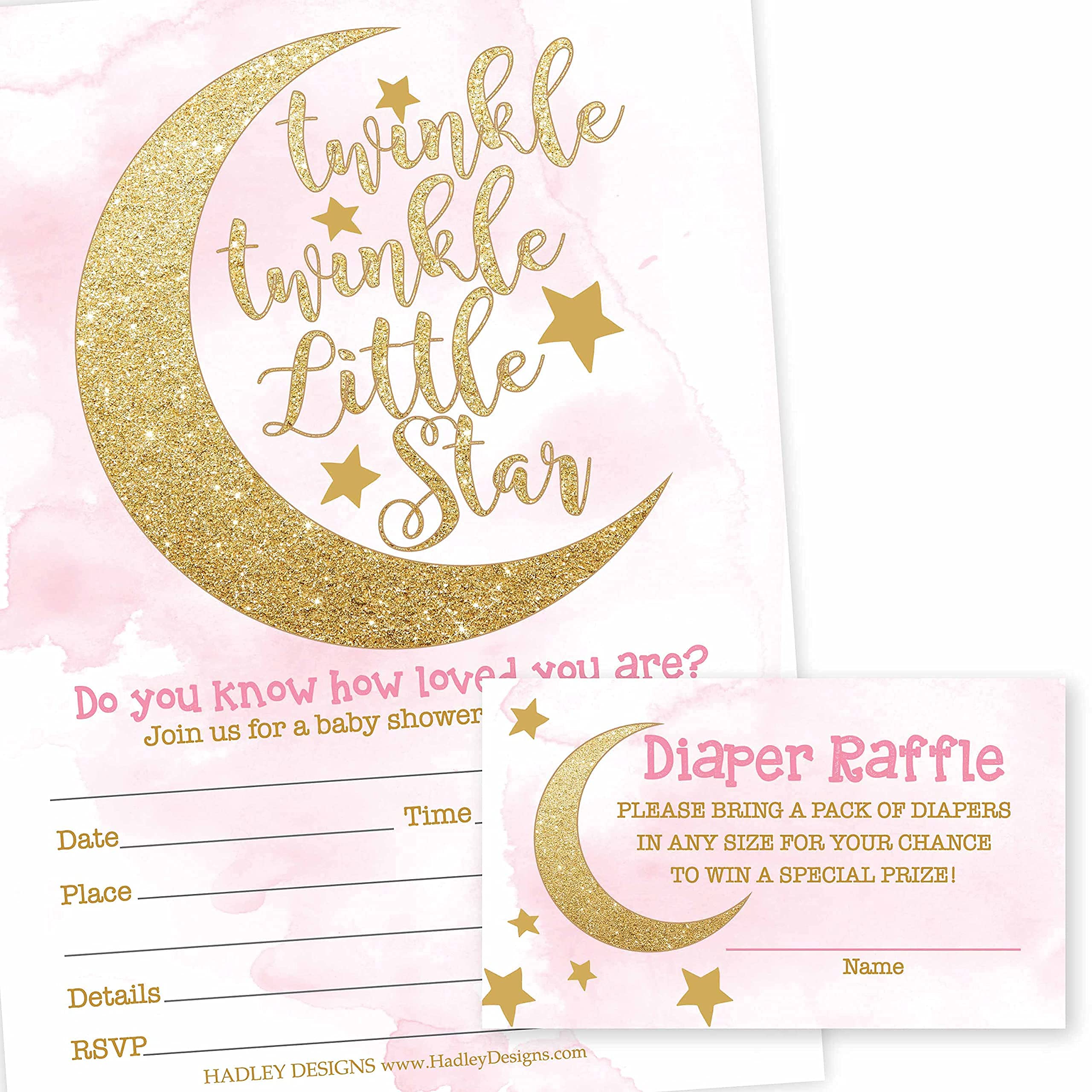25 Twinkle Twinkle Girl Baby Shower Invitations, 25 Baby Shower Diaper Raffle Tickets For Baby Shower Girl, Moon Clouds Fill or Write in Blank Card, Diaper Raffle Cards, Baby Shower Invitation Inserts