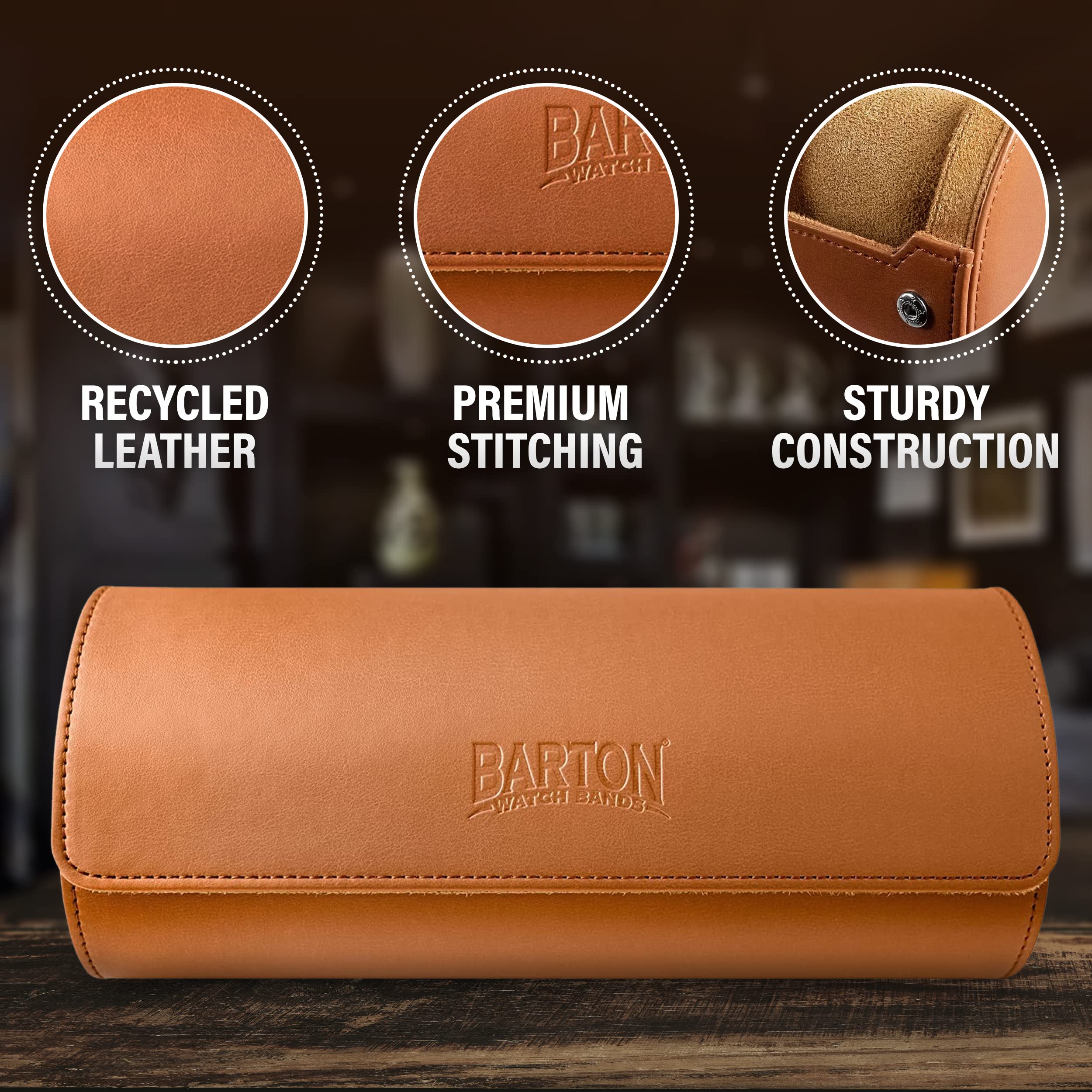 BARTON WATCH BANDS Watch Roll - Brown Recycled Faux Leather Watch Travel Case & Watch Band Storage, Brown, 3-watch case
