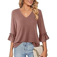 Messic Blouses for Women Dressy Casual 3/4 Length Bell Sleeve Tops V Neck T Shirts Tunic