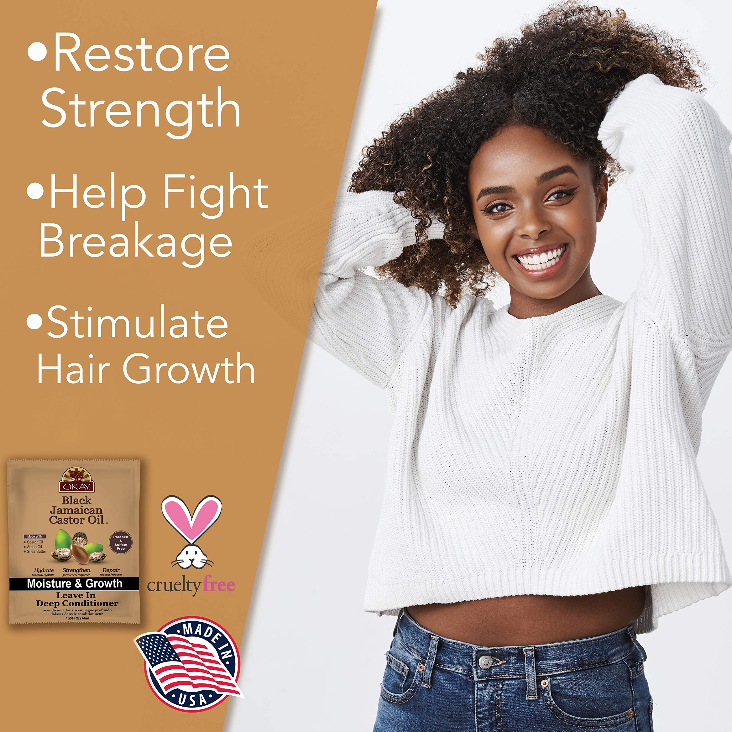 OKAY - Black Jamaican Castor Oil Leave-In Conditioner - All Hair Types/Textures - Repair, Moisturize, Grow Healthy Hair - with Argan Oil, Shea Butter - Free of Parabens, Silicones, Sulfates - 1.5 oz