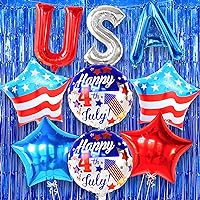 4th of July Balloons Decorations - Large 18 Inch, USA Balloons | Large, Blue Foil Fringe Curtain - 8x3.2 Feet, Pack of 2 | Patriotic Independence Day Balloons | USA Themed 4th of July Balloons Party