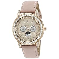 Peugeot Women Crystal Bezel Dress Watch, Day Date Moon Phase Function & Mother of Peal Dial with Roman Numeral, Suede Strap
