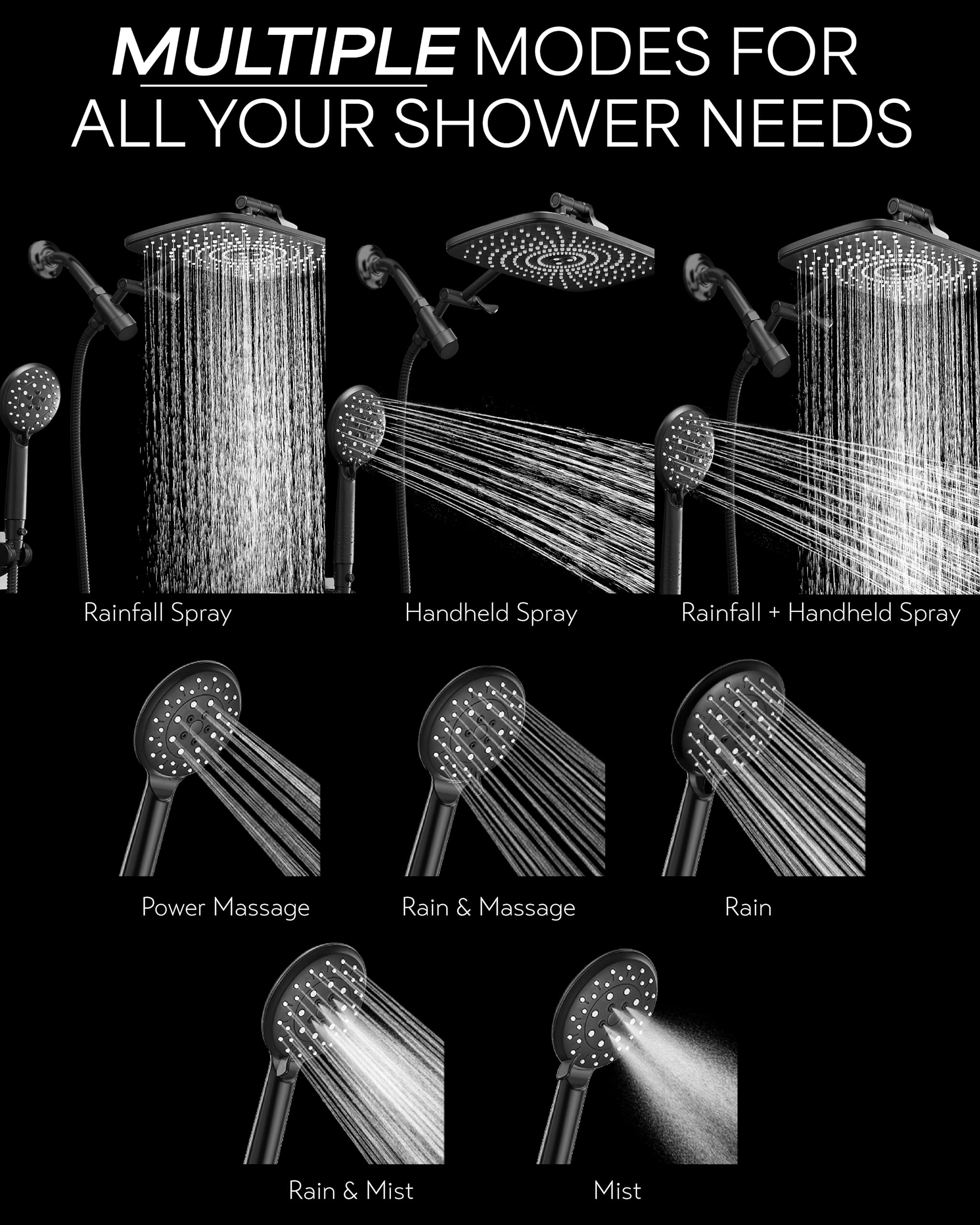 Veken 12 Inch High Pressure Rain Shower Head Combo with Extension Arm- Wide Rainfall Showerhead with 5 Handheld Water Spray - Adjustable Dual Showerhead with Anti-Clog Nozzles - Matte Black