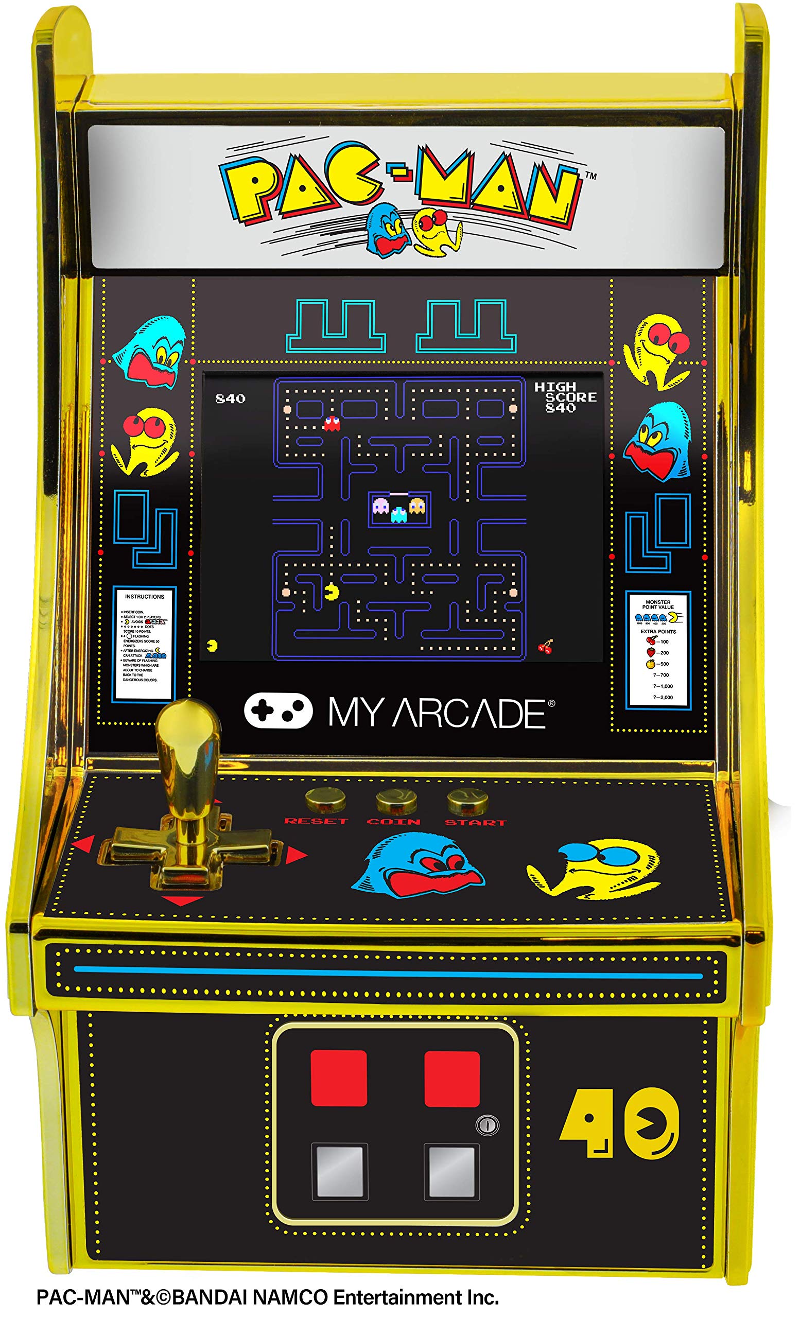 My Arcade Pac-Man 40th Anniversary Micro Player, Fully Playable, 6.75 Inch Collectible, Full Color, Gold Plated, Battery or Micro USB Powered (DGUNL-3290), yellow