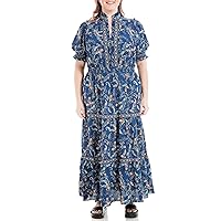 Max Studio Women's Plus Size Crepe Smocked Short Sleeve Tiered Maxi Dress