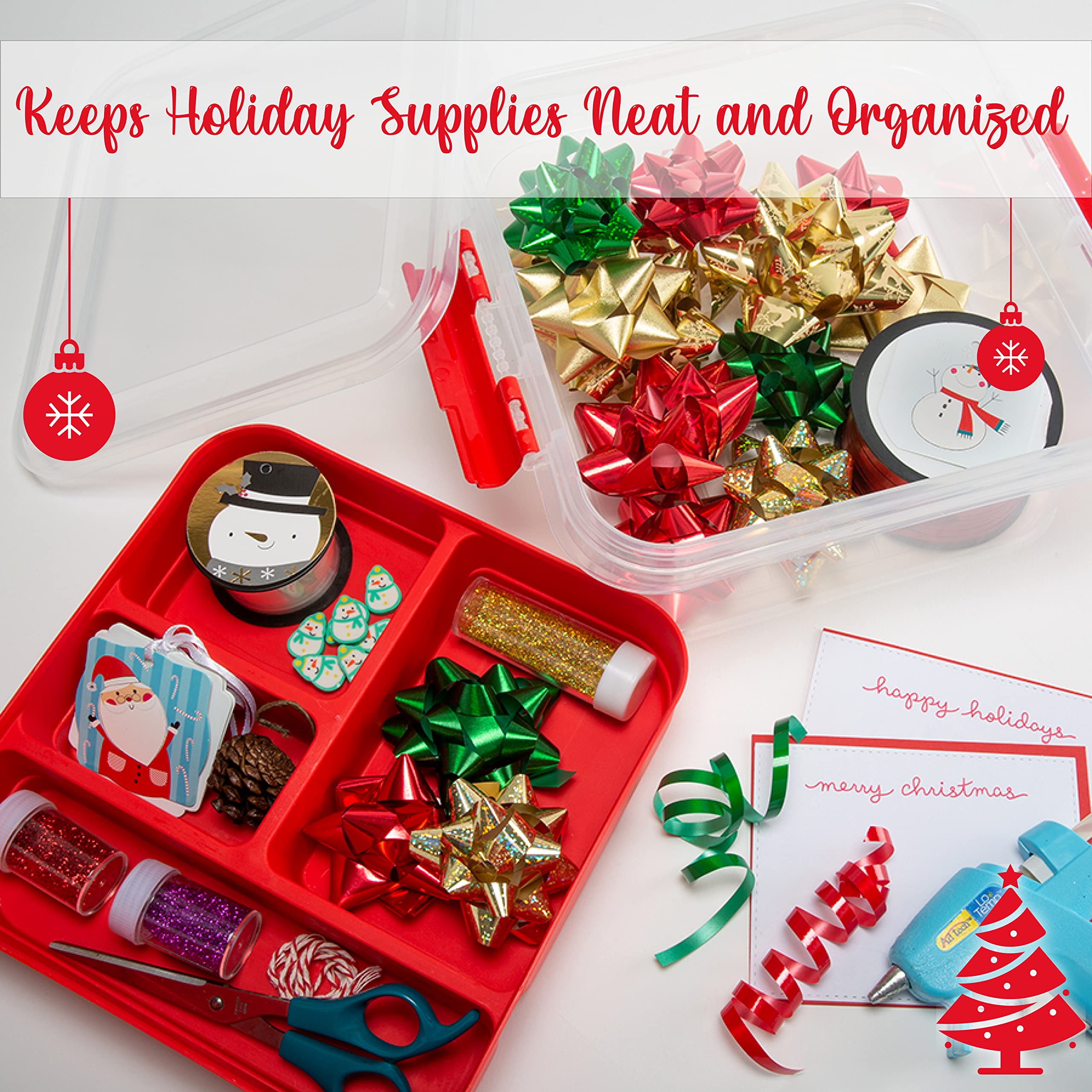 Simplify 5 Compartment Gift Supply Storage Box | 2 Tier Box | Red | Clear Top Lid | Dimensions: 9.5