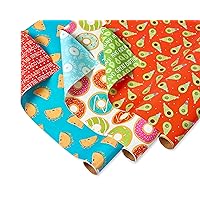 American Greetings Reversible All Occasion and Birthday Wrapping Paper, Punny Food (3 Rolls, 120 sq. ft.)