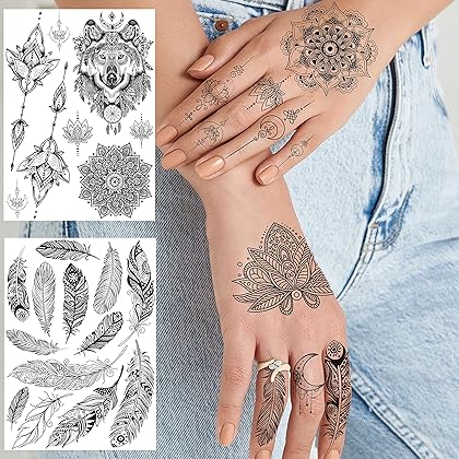 COKTAK 6 Pieces/Lot Unique Black Henna Temporary Tattoo Stickers For Adults Women Girls Feather Mandala Flower Body Art Large Big Arm Tattoos Sheet Lace Indian Mehndi Sexy Wedding Tatoos OWL