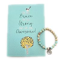 Smiling Wisdom -You Are Brave Strong Awesome Encouraging Growth Greeting Card and Tree Charm Blue Stretch Stone Bead Bracelet - Women - Blue Stones, Silver Tree