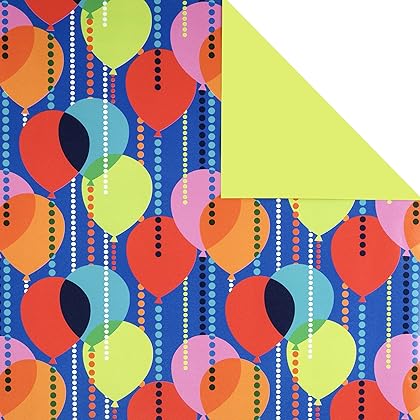 Hallmark Reversible Birthday Wrapping Paper (Pack of 3, 120 sq. ft. ttl.) Bright Balloons, Happy Birthday, Polka Dots