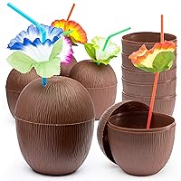 PREXTEX Coconut Cups with Flower Straws & Twist Close Lids (18 Pack) for Luau Party Decorations, Pool Parties, Moana Birthday Parties, Tropical Tiki Parties, Summer, Hawaiian Themed Party Decorations