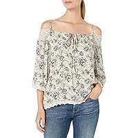 Angie Women's Printed Cold Shoulder Top with Lace and Tassels