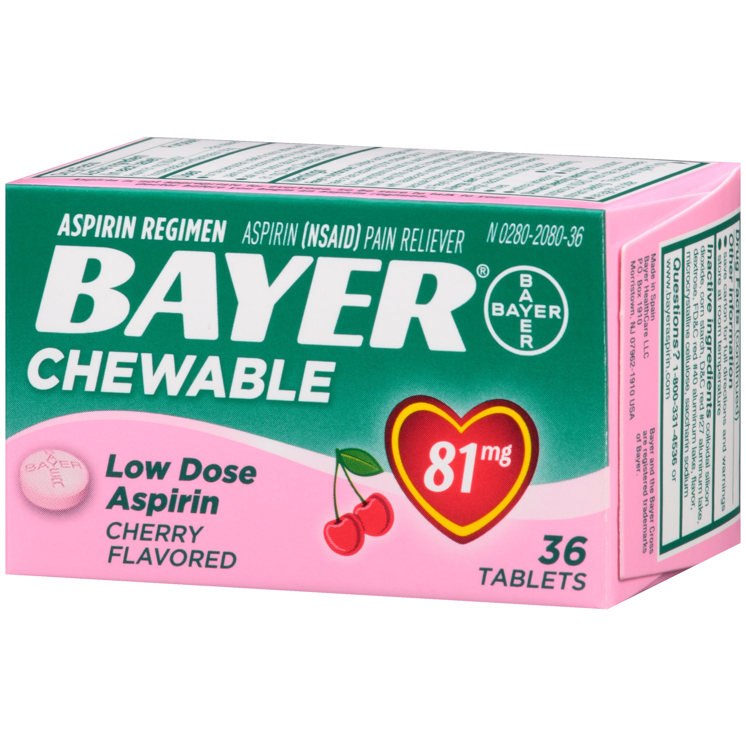 Bayer Aspirin Regimen, 81mg Chewable Tablets, Pain Reliever, Cherry, 36 Count (Pack of 2)
