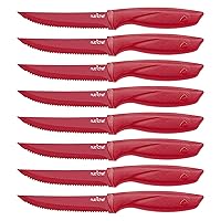 NutriChef SereneLife Stainless Steel Knife Set, 8 Pcs. - Non-Stick Coating, Sharp Serrated Blades, Professional Kitchen Set, Rust-Resistant, Dishwasher Safe, Ideal for BBQ & Grilling, Red