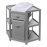 Badger Basket Corner Diaper Changing Table with Laundry Hamper, Storage Bin, and Contoured Pad for Baby - Gray