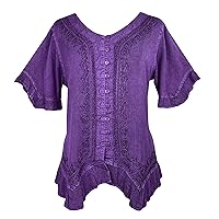 Agan Traders Women's Boho Medieval Embroidered Button Down Asymmetrical Hem Short Sleeve Ruffle Mandarin Shirt Top Blouse