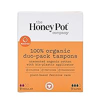 The Honey Pot Company - Duo Pack Organic Tampons w/Bio Plastic Applicator - Feminine Menstrual Products – Natural, Plant-Based - Regular & Super Absorbency Unscented Tampons - 18 Count