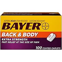 Bayer Back & Body Extra Strength Aspirin, 500mg Coated Tablets, Fast Relief at the Site of Pain, Pain Reliever with 32.5mg Caffeine, 100 Count