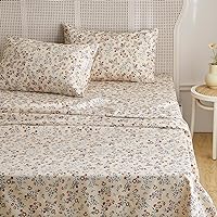 Wake In Cloud - Queen Size Bed Sheets, 4-Piece Sheet Set, Deep Pocket, Floral Shabby Chic Coquette Orange Blue Flower on Tan Taupe, Soft Microfiber Patterned Printed Bedding