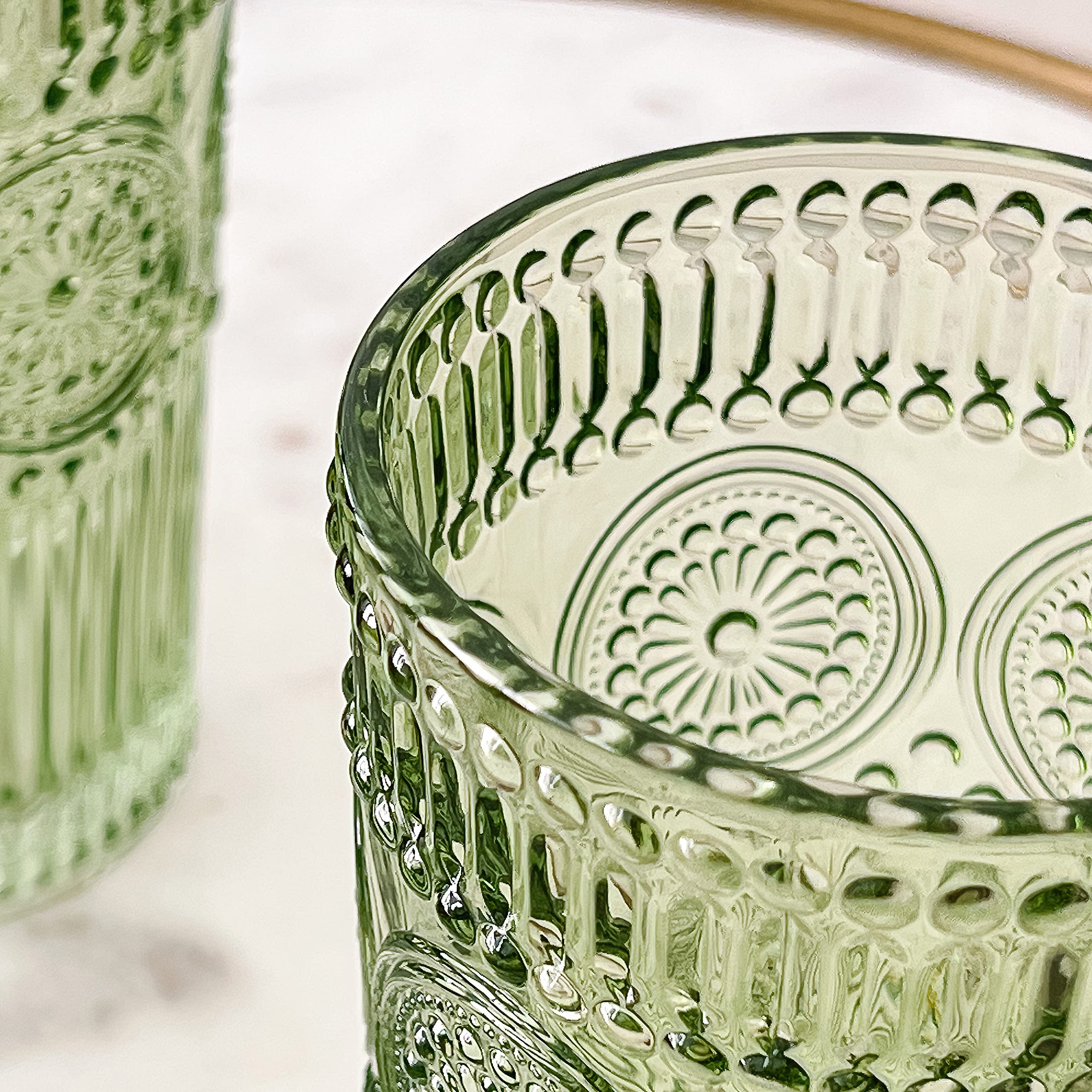 Vintage Textured Sage Green Striped Drinking Glasses Set of 6-13 oz Ribbed Glassware with Flower Design| Cocktail Set, Juice Glass, Water Tumbler