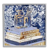 Stupell Industries Fashion Book Pile Glam Designer Accessories Blue Gold, Design by Ziwei Li Gray Framed Wall Art, 17 x 17