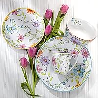 Euro Ceramica Charlotte Collection Stoneware, 16 Piece Dinnerware Set, Service for 4, Watercolor Floral Design in Multicolor White Pink