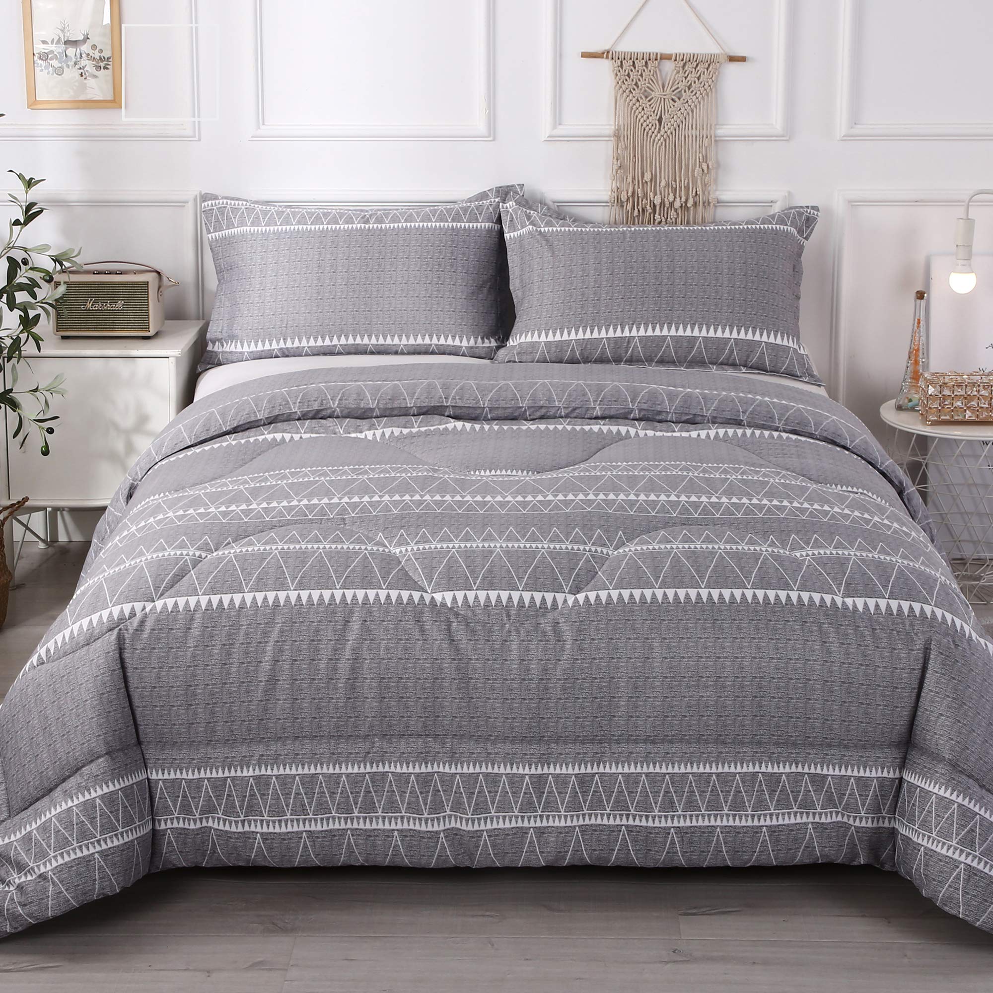 Andency Grey Boho Comforter Queen(90x90 Inch), 3 Pieces (1 Triangle Geometric Striped Comforter+2 Pillowcases), Soft Microfiber Gray Bohemian Down ...