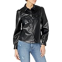 The Drop Women's Clemence Faux Leather Puffed Long Sleeve Utility Blouse
