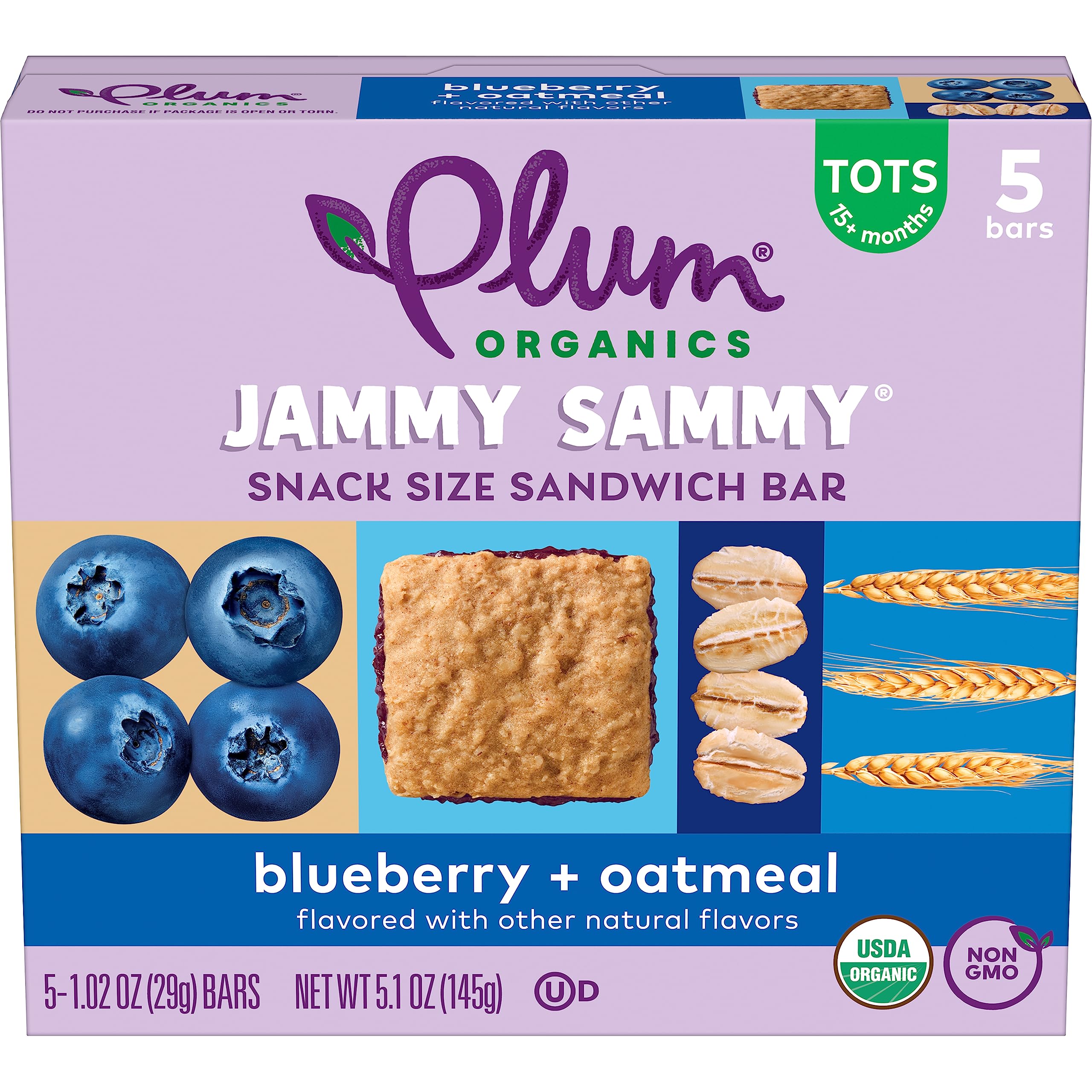 Plum Organics | Jammy Sammy Snack Bars | Organic Toddler & Kids Snacks | Blueberry & Oatmeal | 1.2 Ounce Bar (30 Total) | New Look, Packaging May Vary