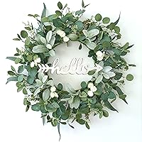 22 Inch Eucalyptus Wreath with Hello Sign, Spring Summer Wreaths for Front Door Green Winter Wreaths for Front Door Windows,Porch,Fireplace,Indoors and Outdoor Home Decoration