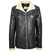Womens Real Leather Classic Button Box Jacket Amber Black Beige