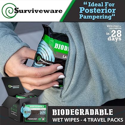 Surviveware Biodegradable Wet Wipes, Travel Pack, Face and Body Wipes for Post Workout and Camping, Wipes for Adults, Large Wipes, 4 Pack X 15 Count