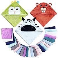 3 Pack Baby Hooded Bath Towel with 24 Count Washcloth Sets for Newborns Infants & Toddlers, Boys & Girls - Baby Registry Search Essentials Item - Penguin, Zebra, Groundhog