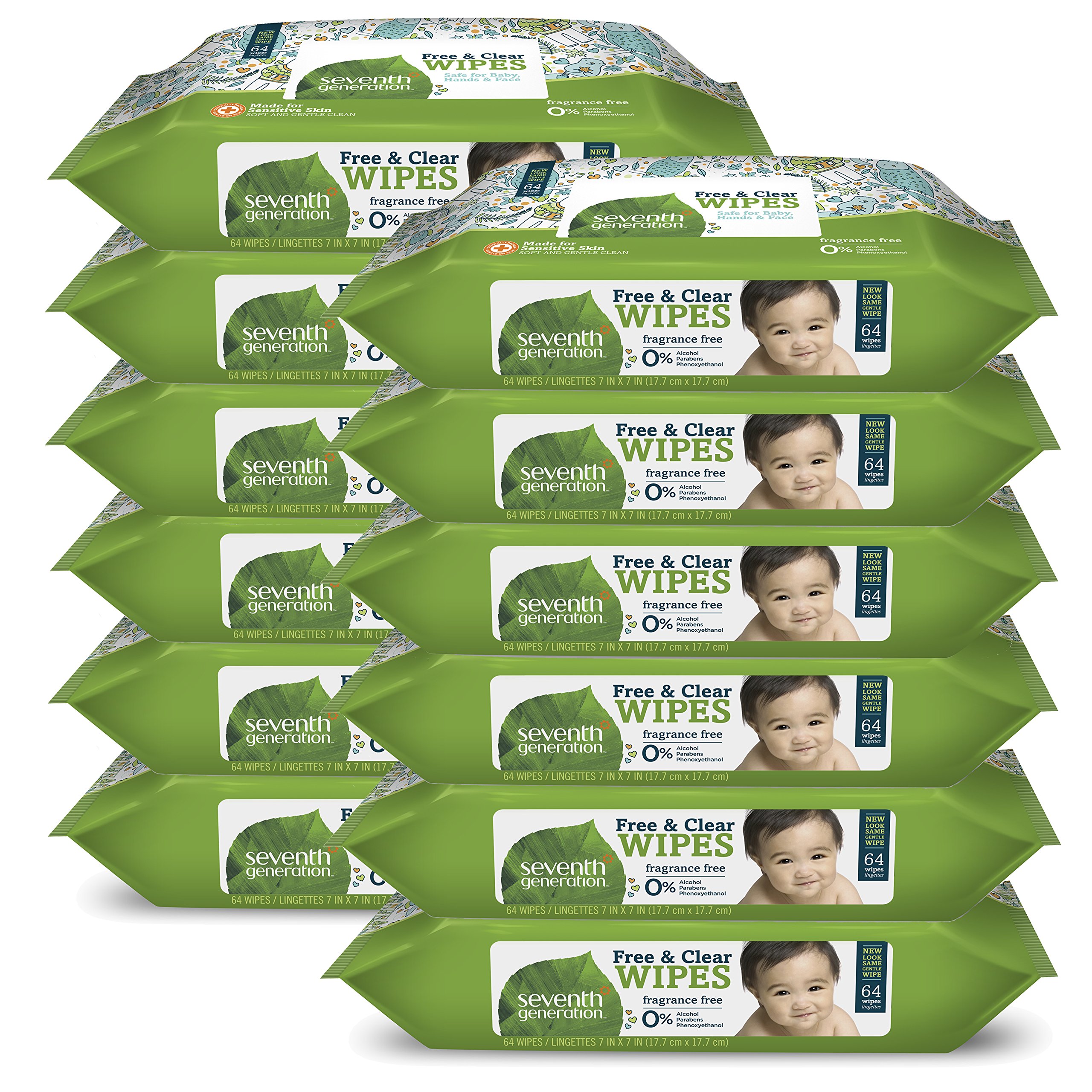 Seventh Generation Free & Clear Baby Wipes Refill Unscented and Sensitive Gentle as Water 64 count Pack of 12 (768 Total)