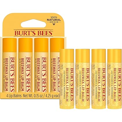 Burt's Bees Lip Balm, Moisturizing Lip Care, for All Day Hydration, 100% Natural, Original Beeswax with Vitamin E & Peppermint Oil (4 Pack)