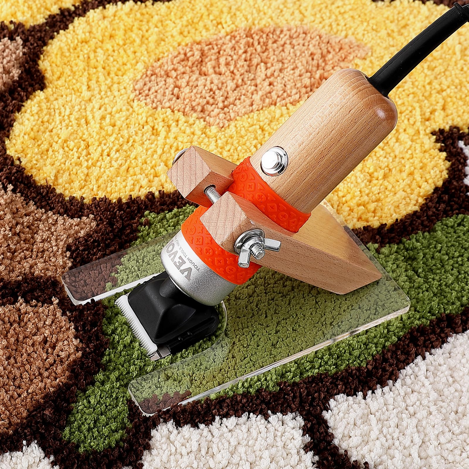 VEVOR Carpet Trimmer with Shearing Guide, 200W Electric Speed Adjustable Rug Carver, Tufting Shears with 2 Blades, Wooden Handle Carpet Carving Clippers for Handmade Rug Cleaning and Tufted Rug
