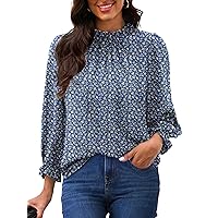 Womens Blouses Dressy Casual Long Sleeve Floral Print Shirts Mock Neck Chiffon Tops for Summer Loose Top S
