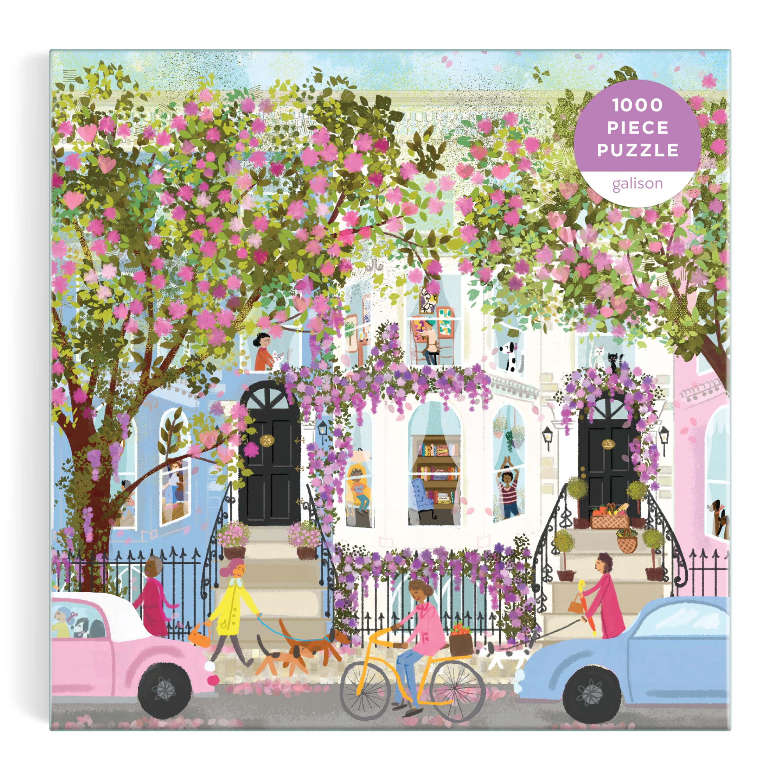 Galison Springtime Terrace – 1000 Piece Joy Laforme Puzzle Featuring a Magnolia Filled Neighborhood Day On A Spring Day