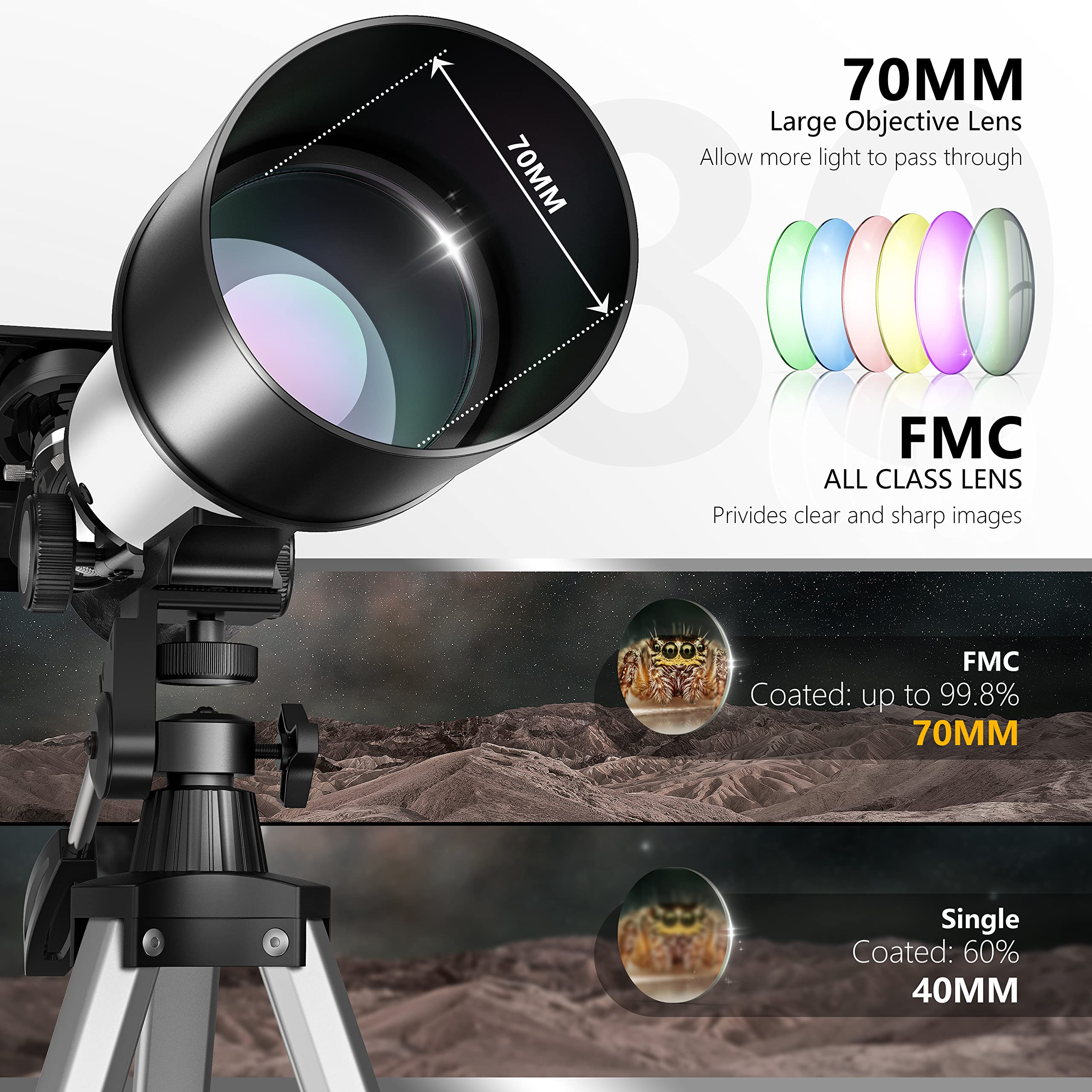 GEREFEREN Telescope for Astronomy Beginners (16X-120X), 70mm Aperture Fully Multi-Coated Refractor Telescopes for Adults & Kids with AZ Mount Tripod Phone Adapter & Carrying Bag